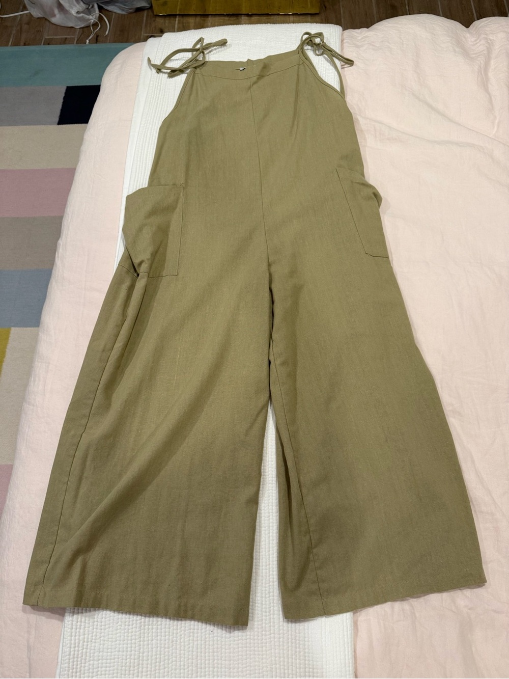 FAVLUX Olive Tie-Shoulder Wide-Leg Jumpsuit
